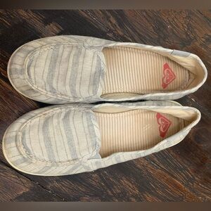 Roxy Women's Slip-On Striped Canvas Loafers in Light Gray and Cream